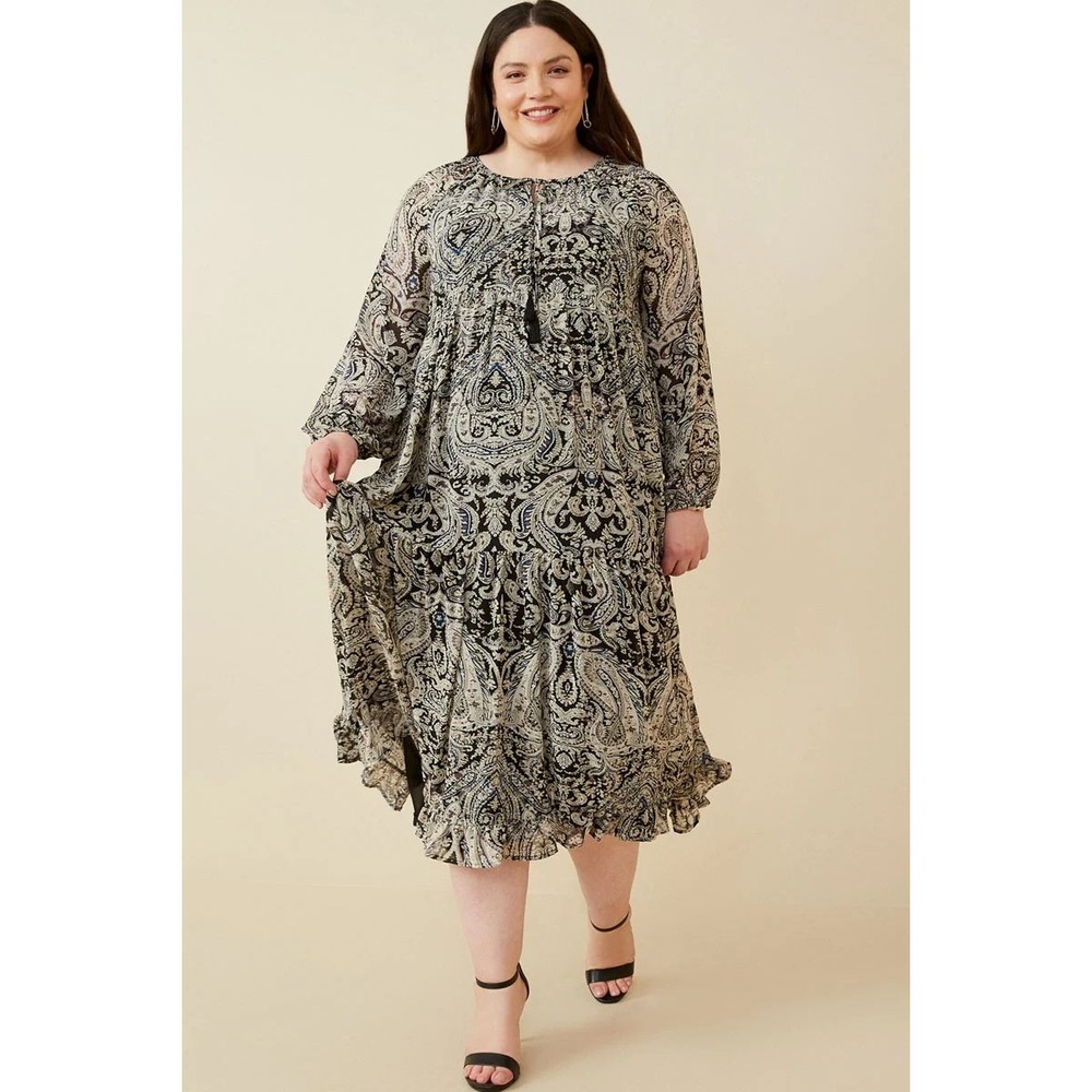 Hayden Paisley Tiered Maxi Dress 3XL Black Boho Long Sleeve Cottagecore Peasant